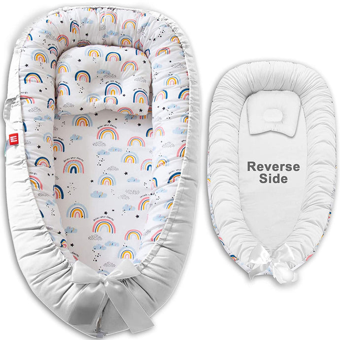 Baby Nest Lounger - Cosleeper for Baby in Bed - Reversible Baby Lounger Pillow - Baby Lounger Bed - Baby Cosleeper for Bed - Infant Lounger Newborns (Rainbow White)
