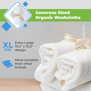Baby Washcloths - Organic Bamboo, Luxury 2-ply Large Washcloth.Best for Baby Shower/ Registry Gifts. All Natural, Safe and Soft Reusable 10.2", 6 pack